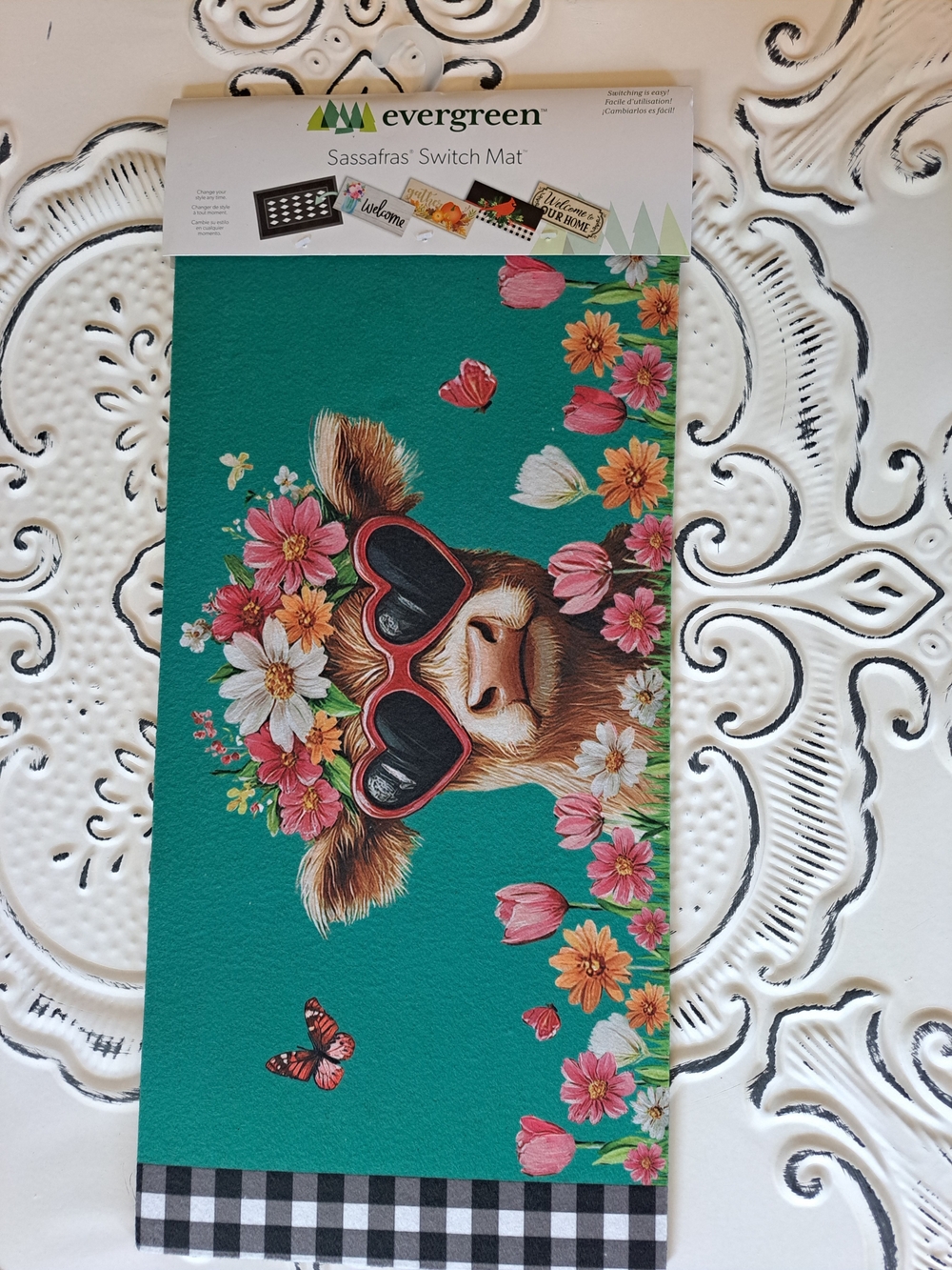 Teal Floral Cow Switch Mat - Heart Sunglasses